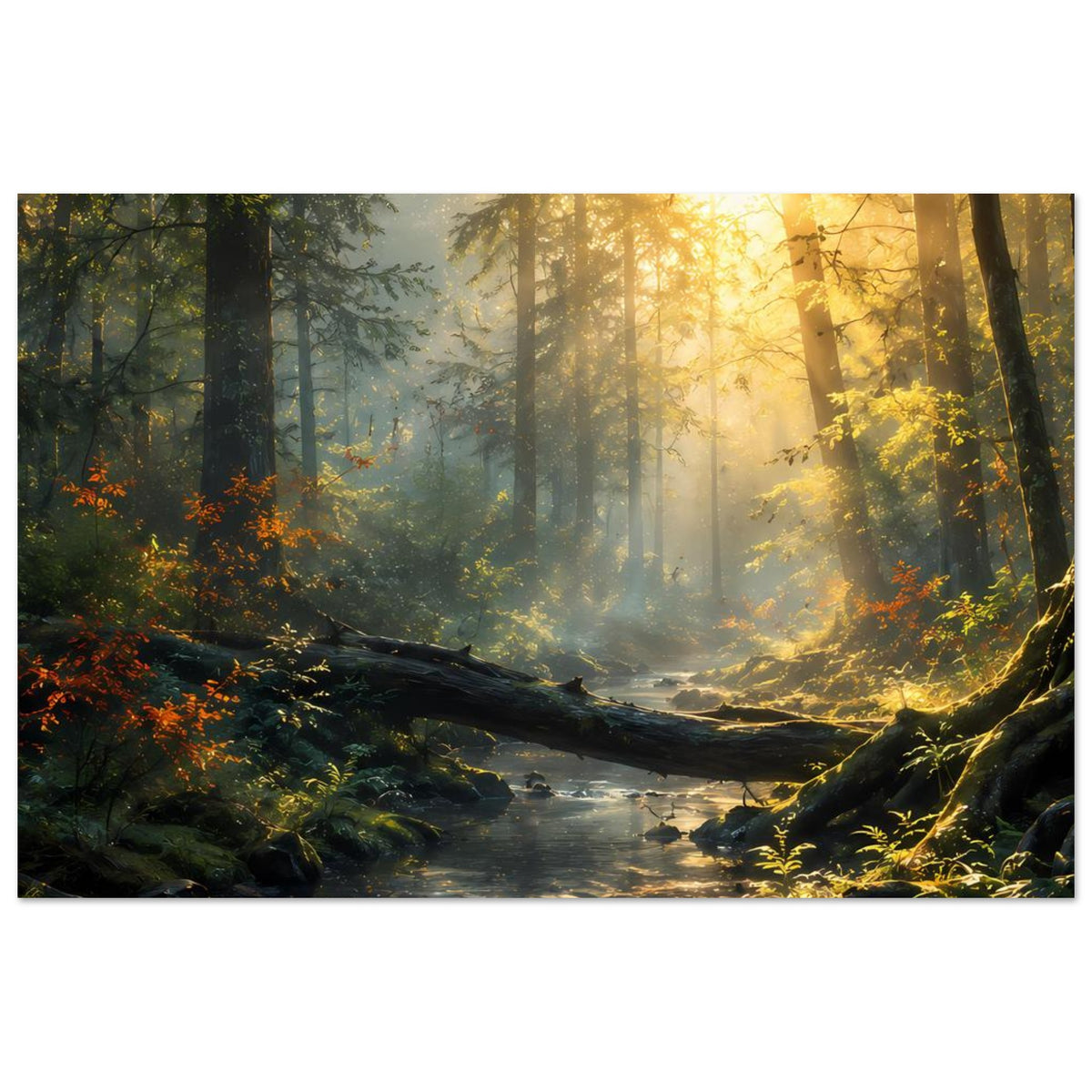 Poster im Querformat mit Waldlandschaft, Bachlauf zwischen Steinen und Sonnenhauch