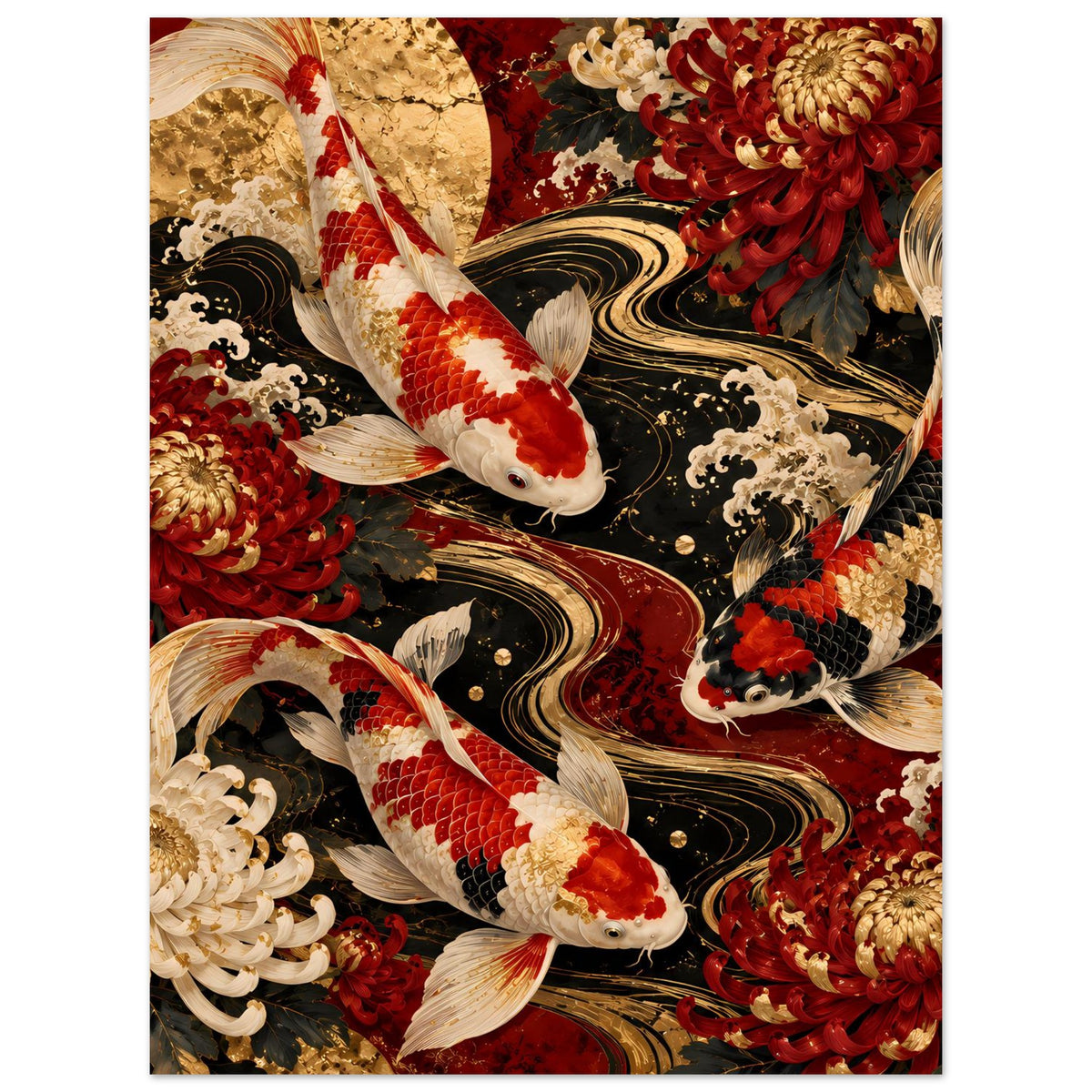 Poster mit Koi-Karpfen und Blumenornamenten, rote Blüten sowie goldene Schuppenakzente