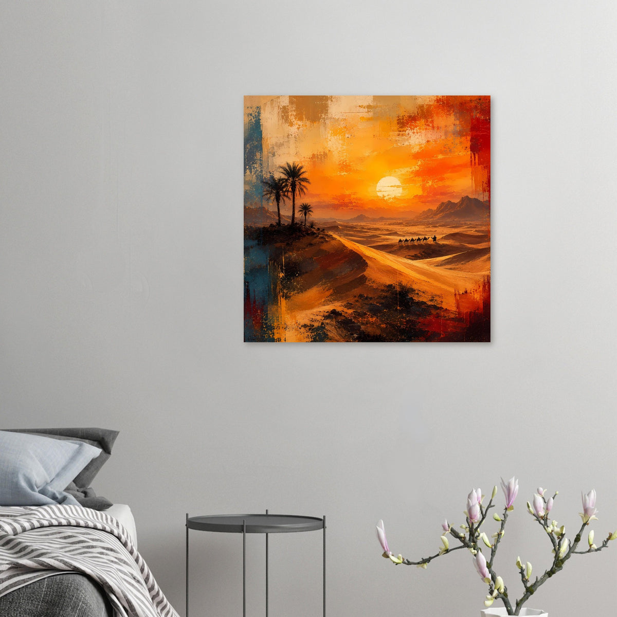 Kleines Poster mit Wüstenmotiv: Palmen, Karawane und orangefarbener Sonnenuntergang