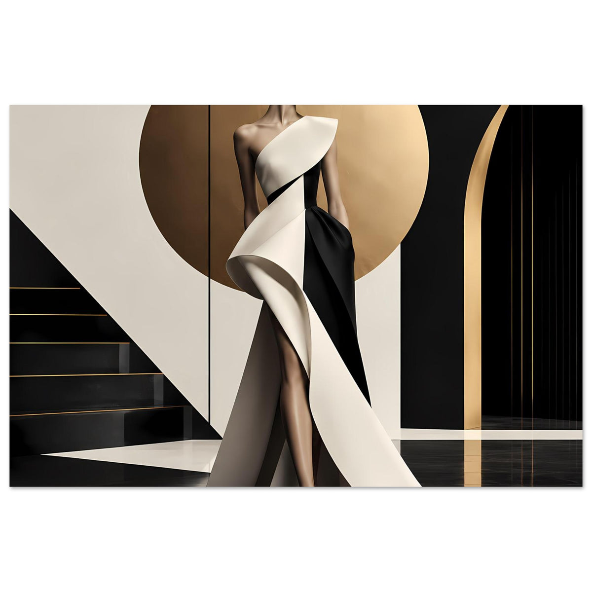 Modeposter mit elegantem Kleid in Schwarz, Weiß und Gold