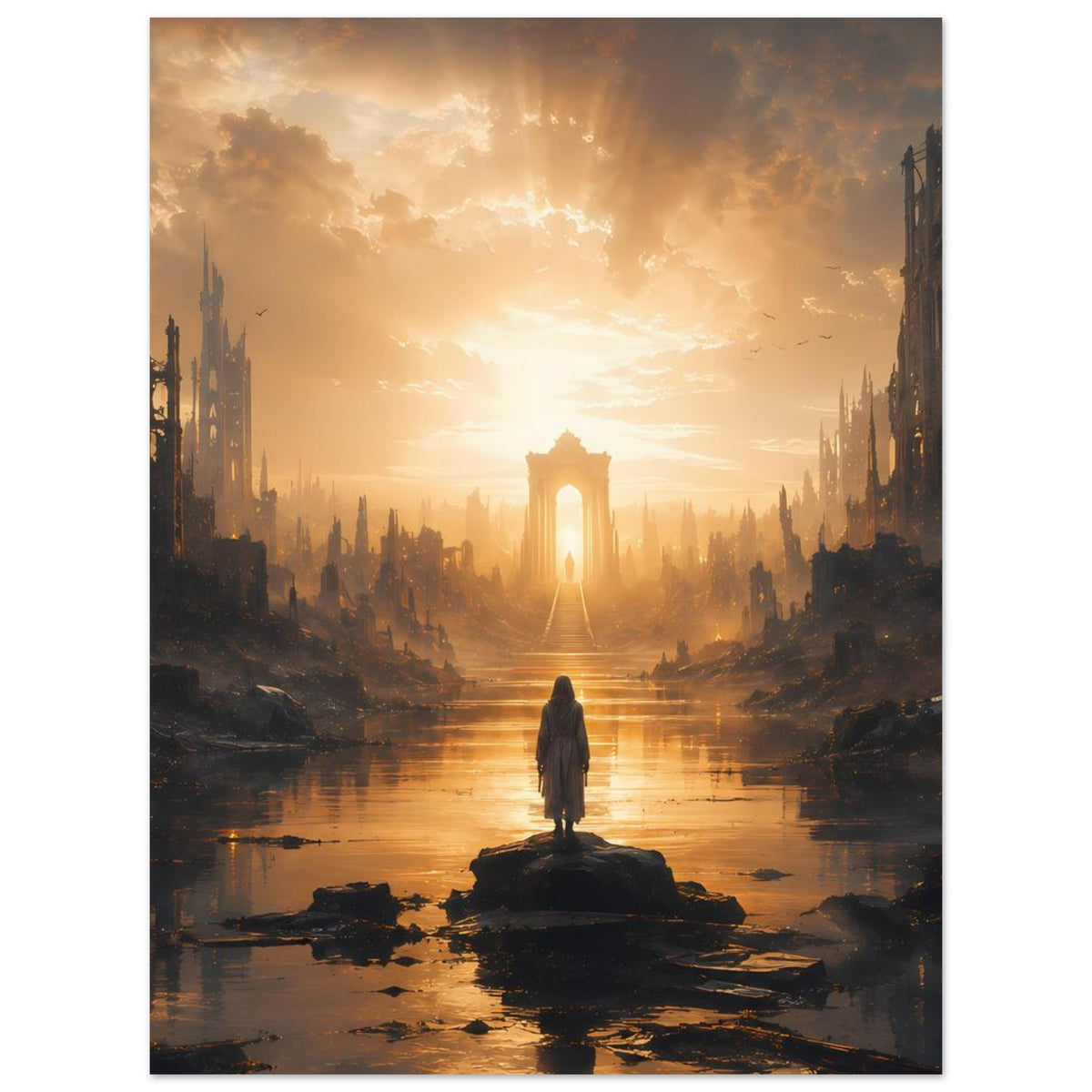 Post-apokalyptisches Stadtlandschafts-Poster mit einsamer Gestalt auf Felsen im Sonnenuntergang