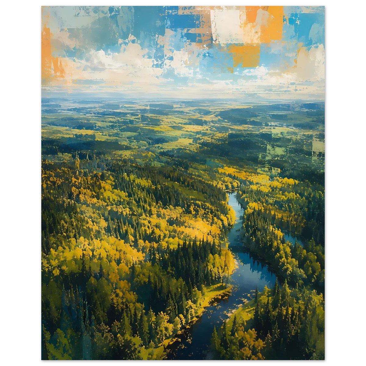 Poster: Herbstwald und Fluss, gelbe Bäume im Vordergrund, weites Tal dahinter