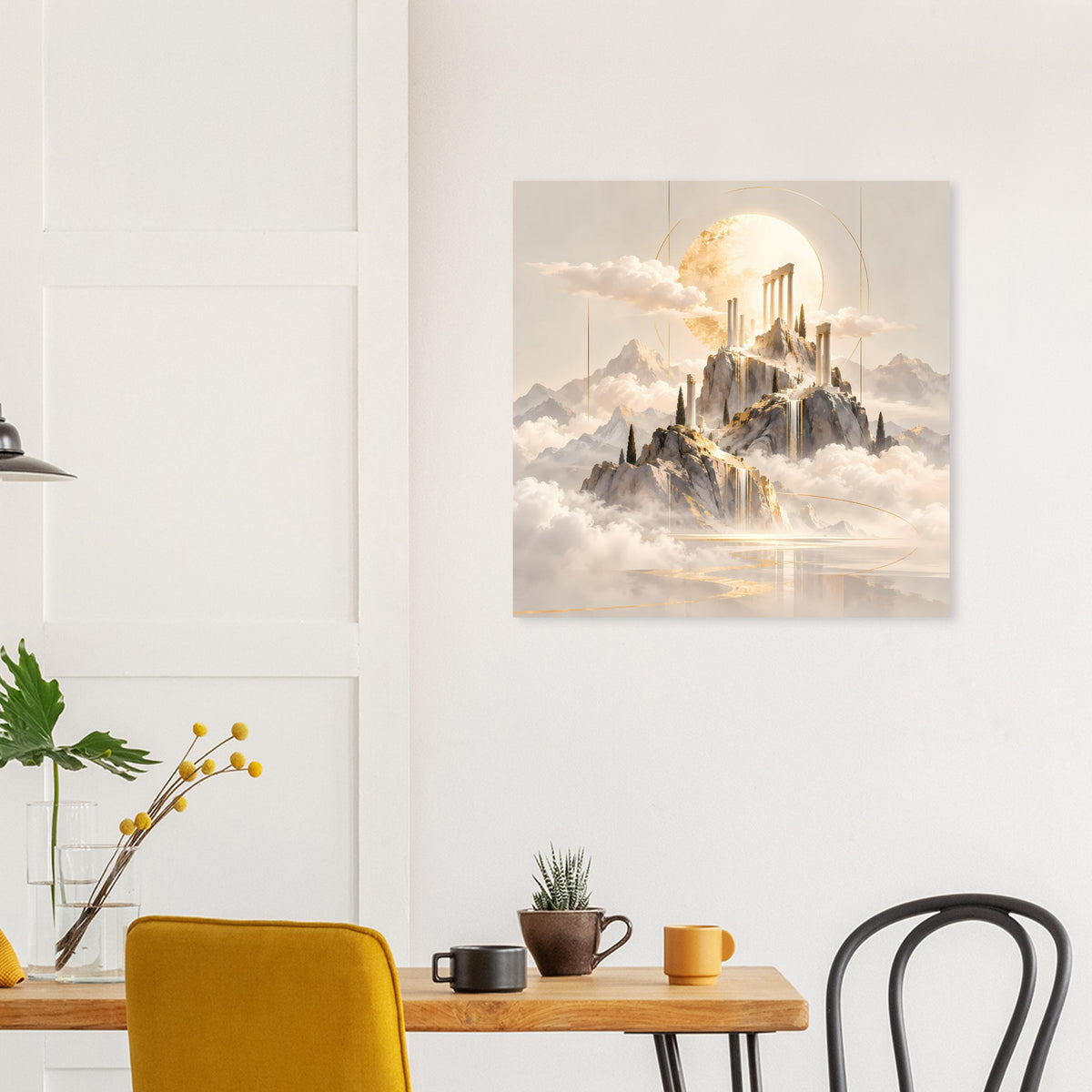 Wandposter mit goldener Tempelanlage, Wolkenlandschaft und Lichtbogen über dem Wasser