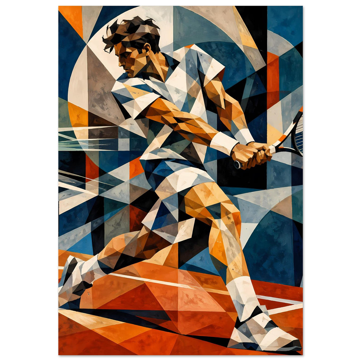 Kunst-Poster mit abstrakter Tennis-Spielerin im geometrischen Muster, Schläger im Fokus