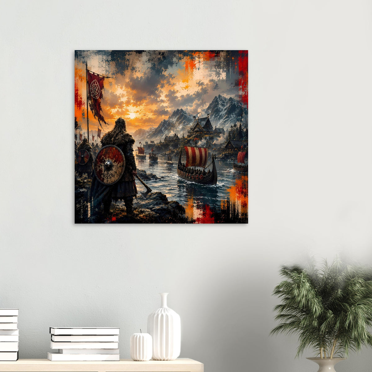 Quadratisches, gerahmtes Poster: Wikinger mit Schild, Schiffe bei goldenem Sonnenuntergang
