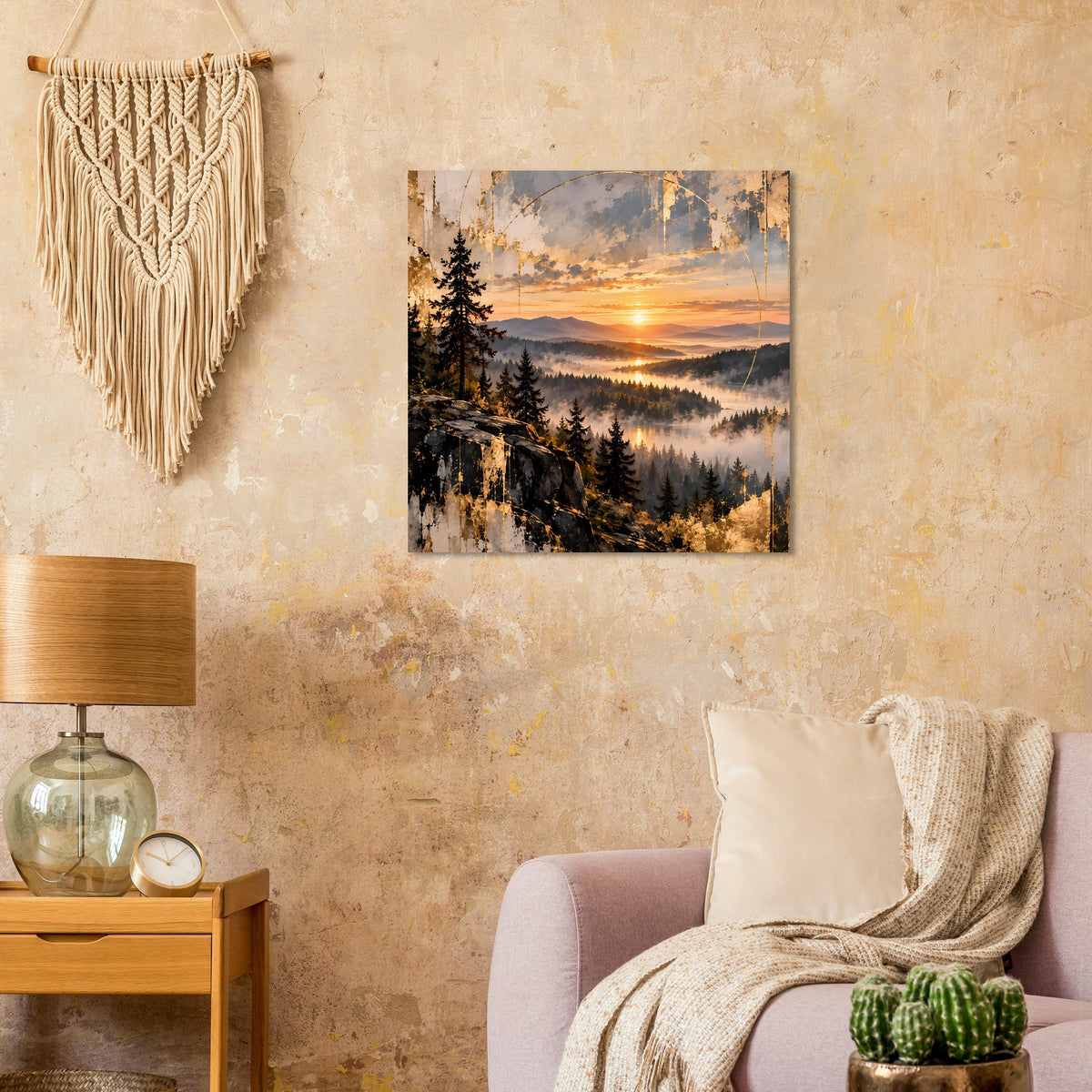 Landschaftsposter mit goldenem Sonnenuntergang, Tannen und Felsen im Vordergrund