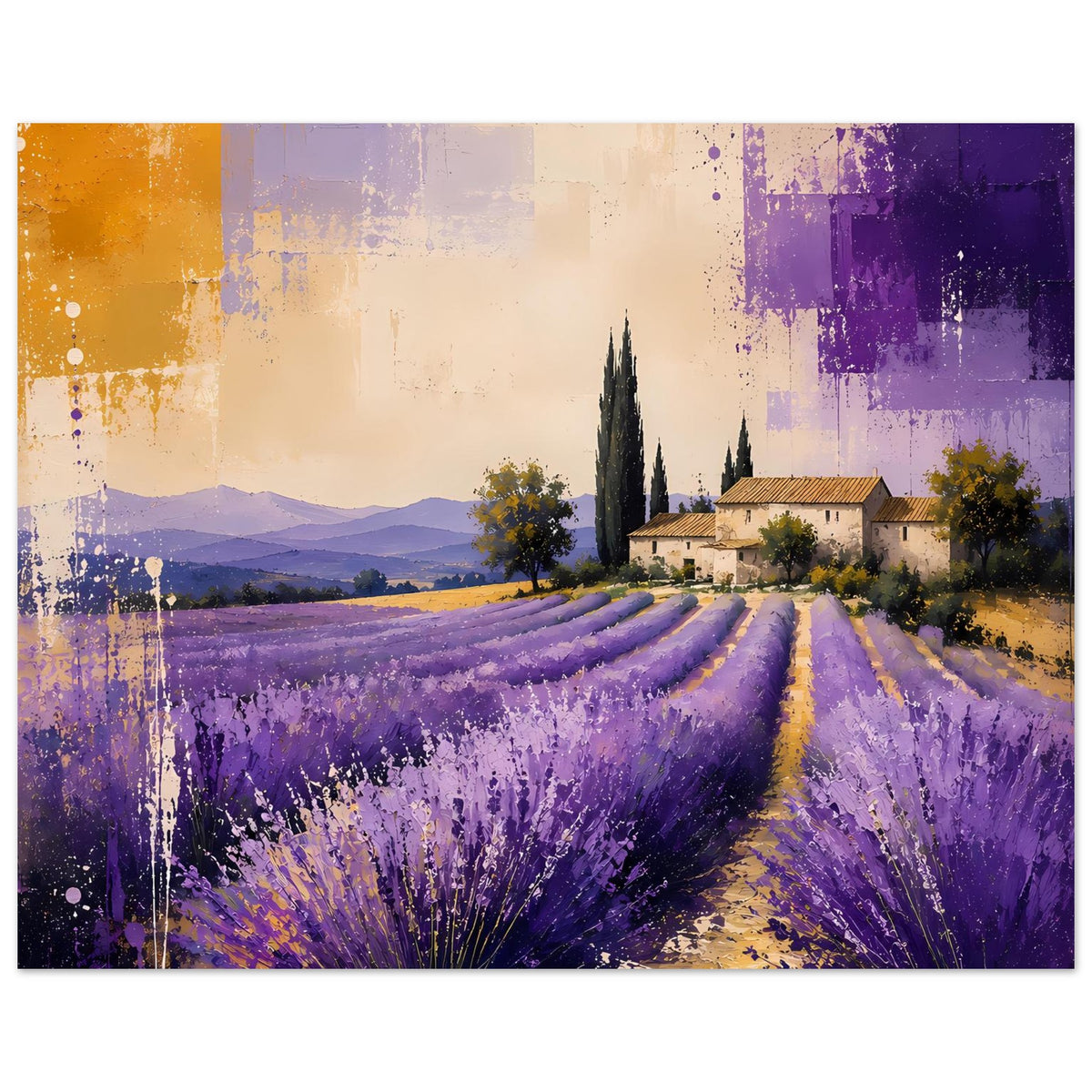 Lavendel-Landschaftsposter, horizontales Motiv mit Lavendelreihen, Dorf und Zypressen