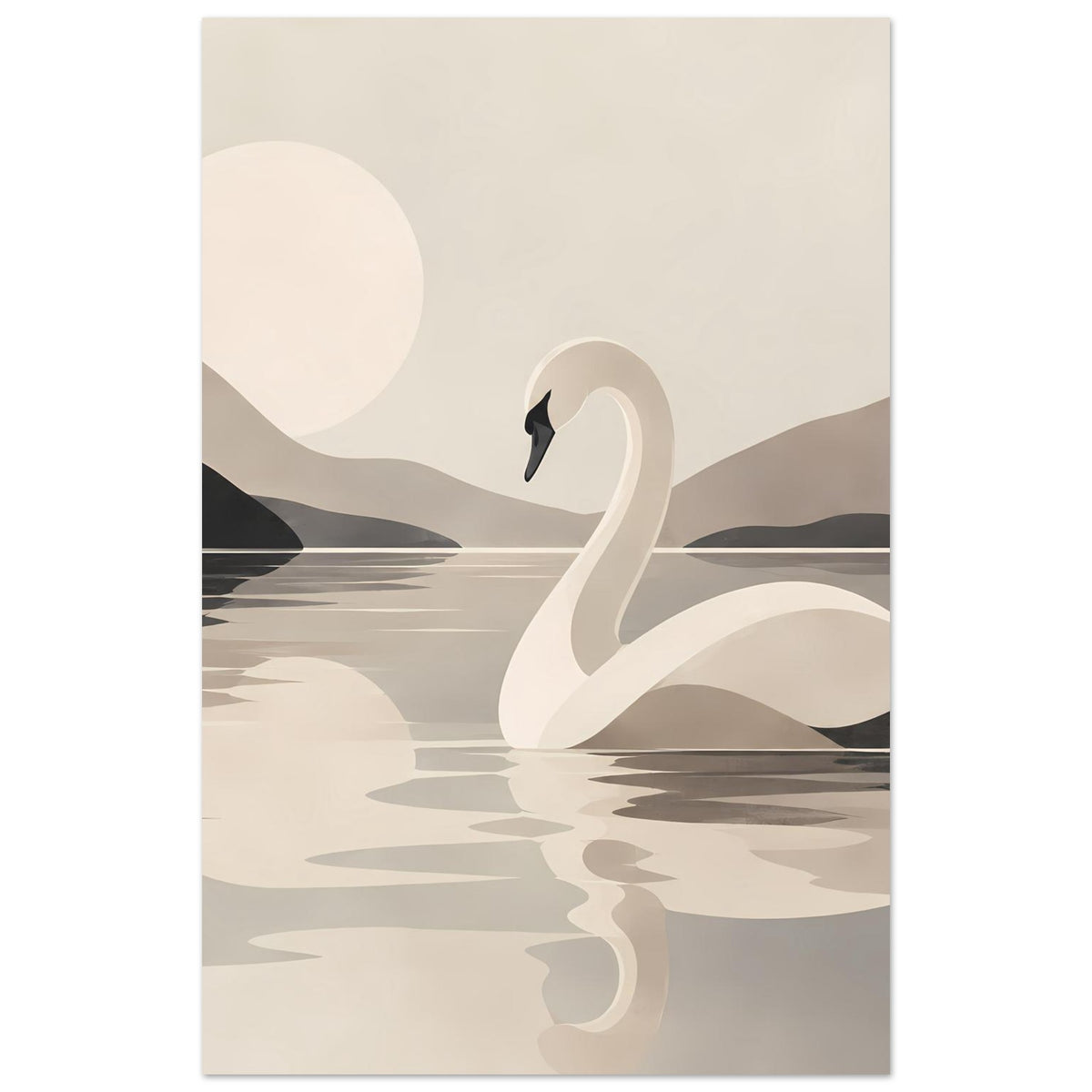 Kunstposter mit Schwan, ruhiger Wasseroberfläche, dunklen Uferformen und breitem hellen Rand.