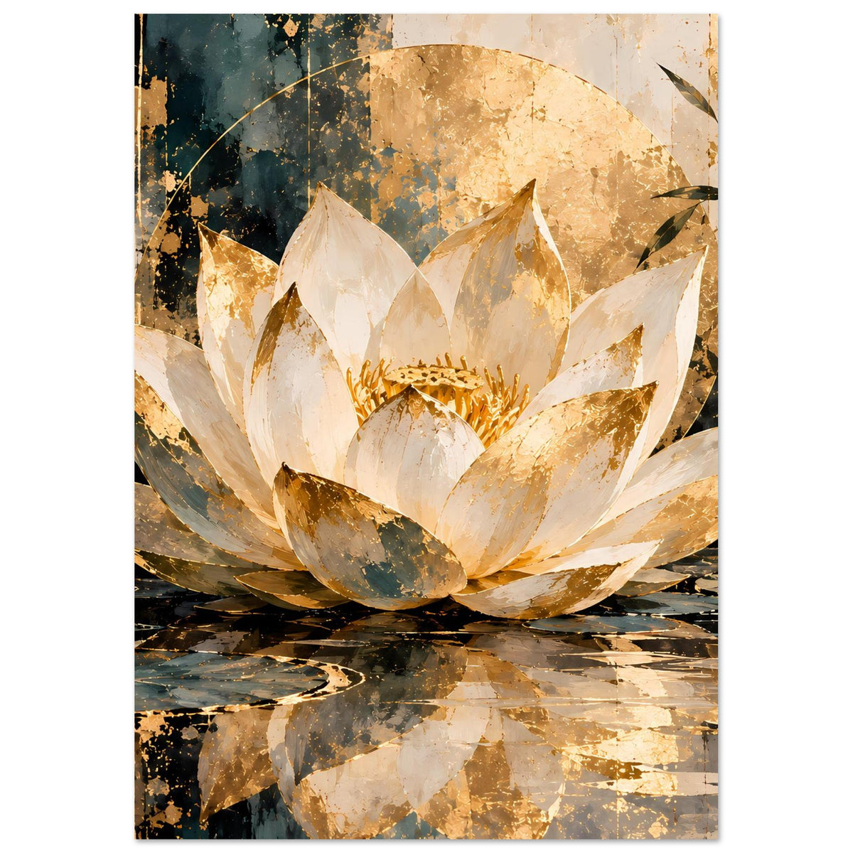 Lotus-Poster im Hochformat mit weiß-goldener Blüte, goldenen Details und dunklem Spiegelbild