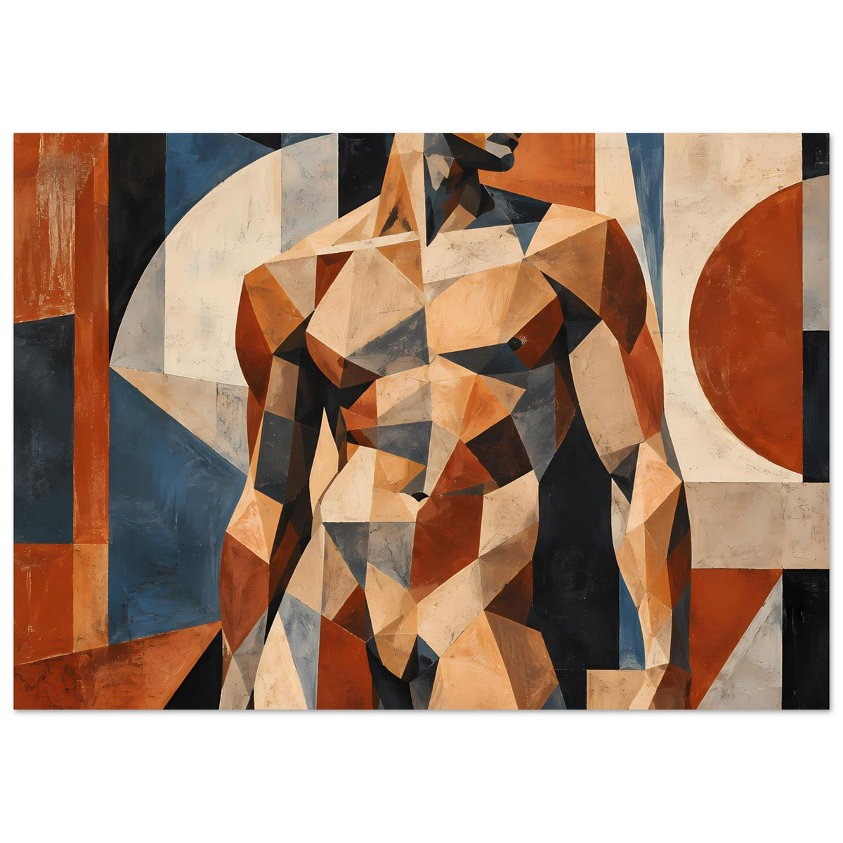 Poster mit geometrischer männlicher Aktfigur in warmen Erdtönen, horizontal, Beine und Sockel