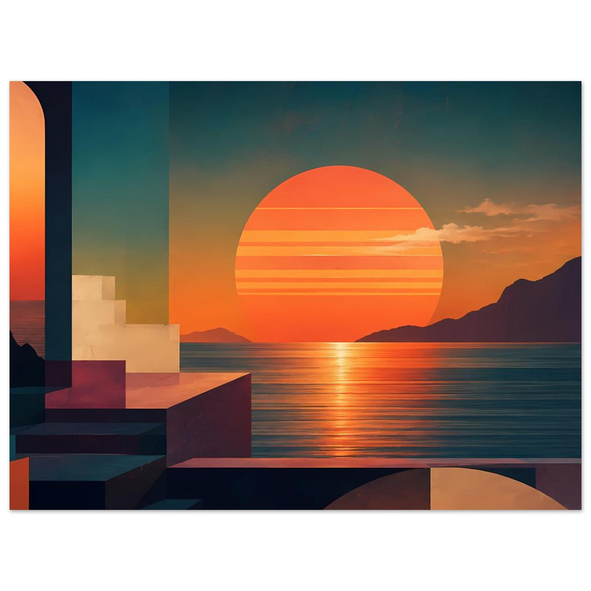Hochformat-Poster: abstrakte Küste mit Häuserblöcken, orangefarbene Sonne und reflektierendes Meer
