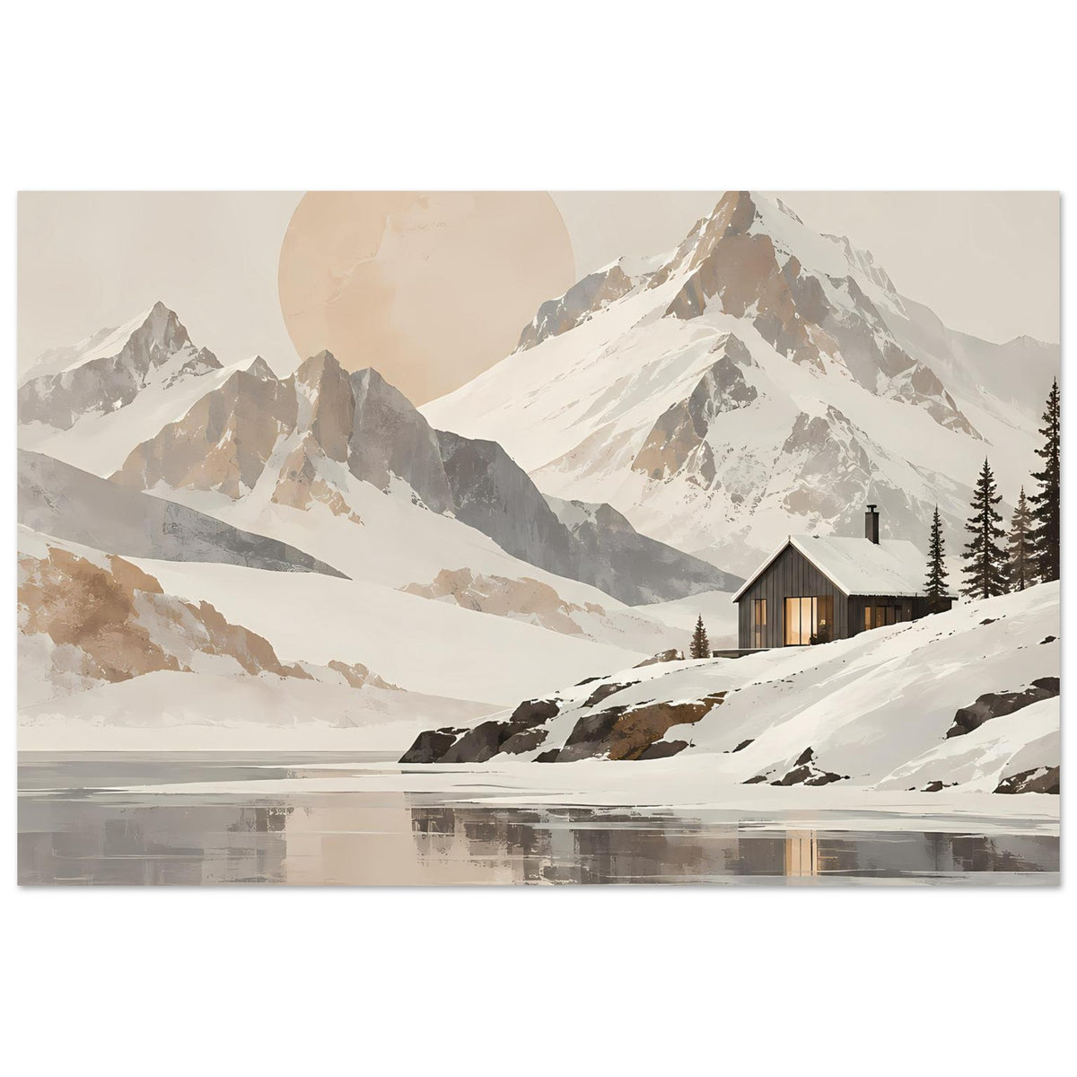 Wandposter: verschneite Berglandschaft, Hütte, Tannen und spiegelnde Wasserfläche mit Farbverlauf