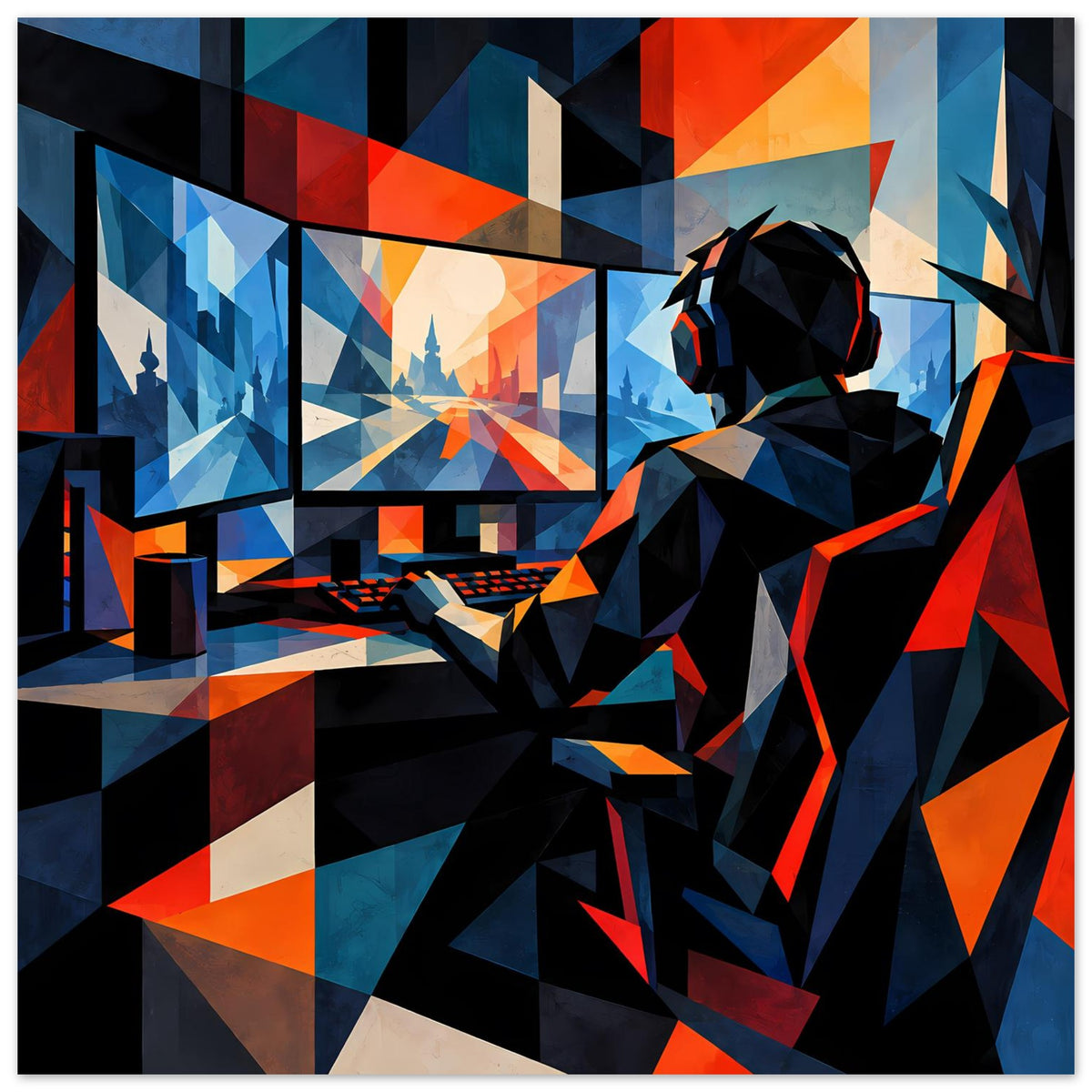Gaming-Poster im Querformat: Spieler mit Kopfhörern, abstrakte Blau-Orange-Kacheln