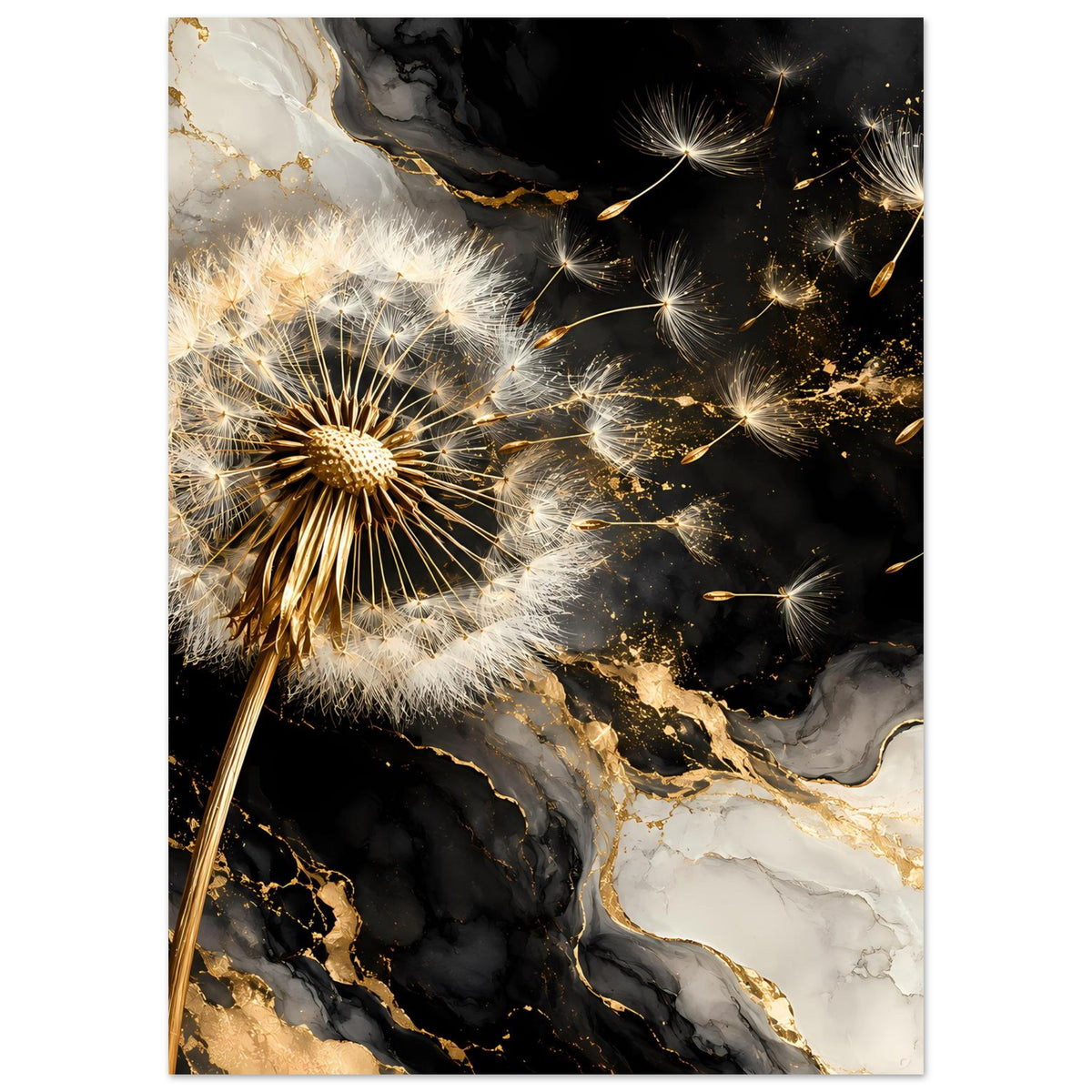 Poster mit Löwenzahnflocken, goldenen Funken und weiß-goldener Marmorader in Schwarz