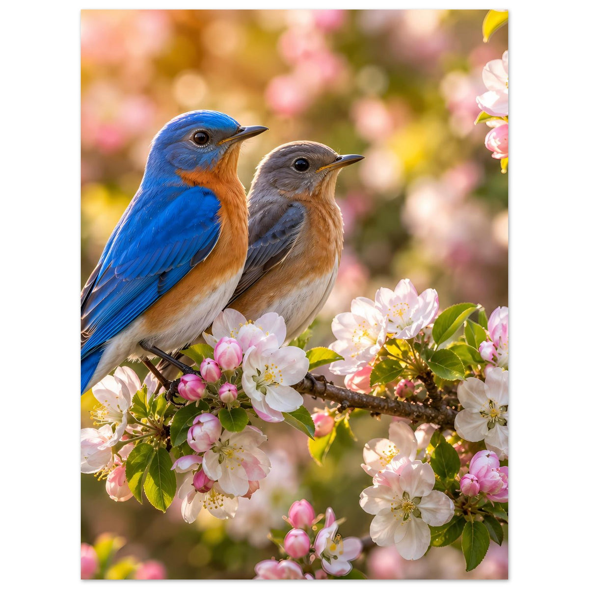 Poster: Zwei blaue Singvögel auf blühendem Ast mit rosa und weißen Blüten