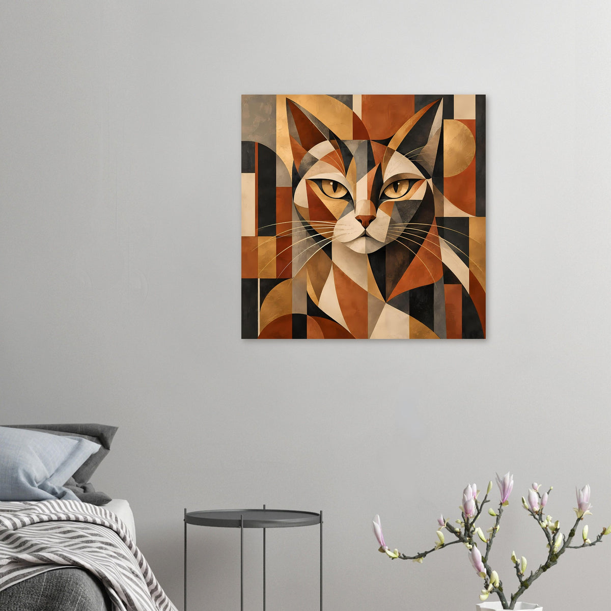 Geometrisches Katzenporträt-Poster, kleines Wandbild mit warmen Erdtönen und abstrakten Ohren