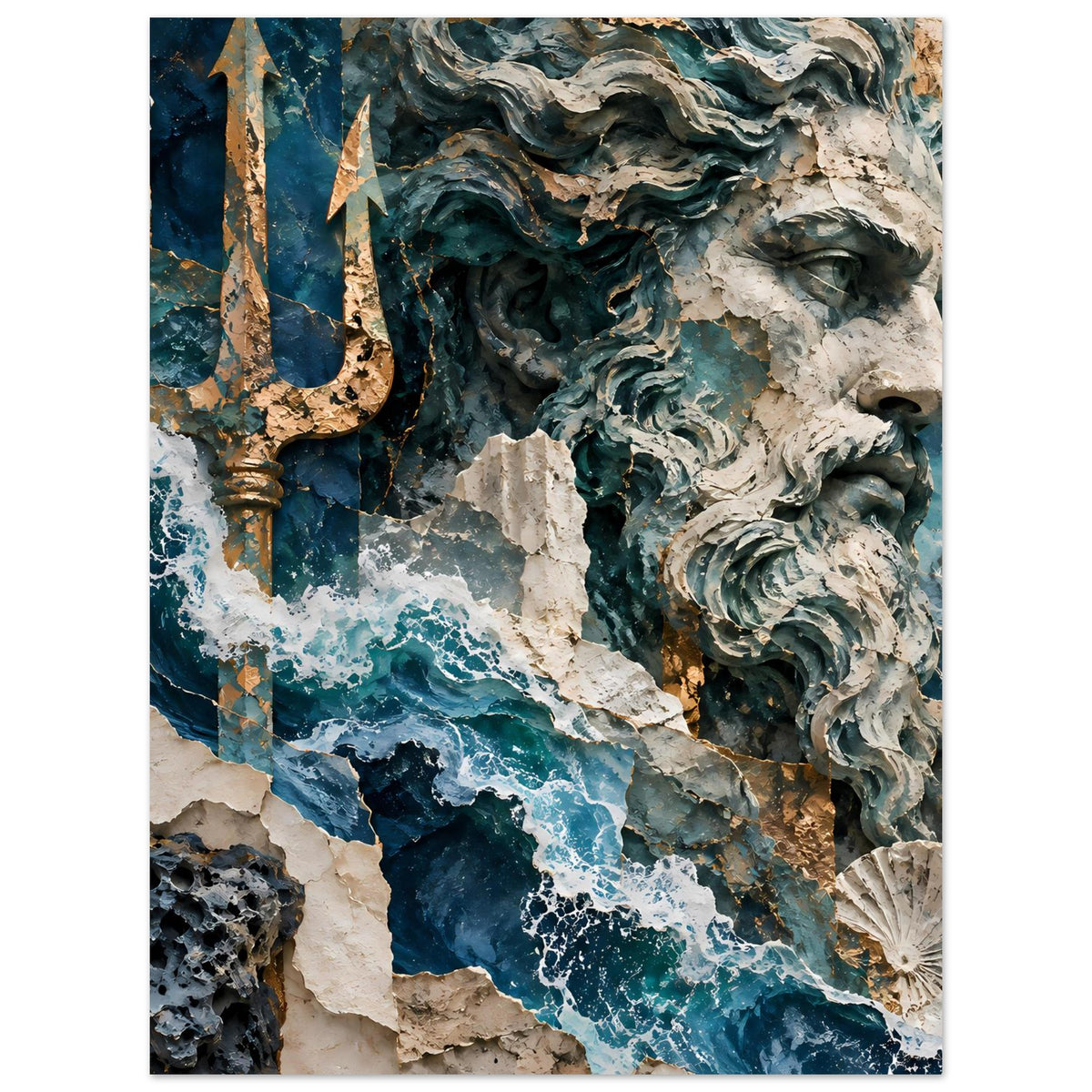 Neptun-Poster mit Skulpturkopf, Dreizack und türkisblauen Meereswellen vor Felsen