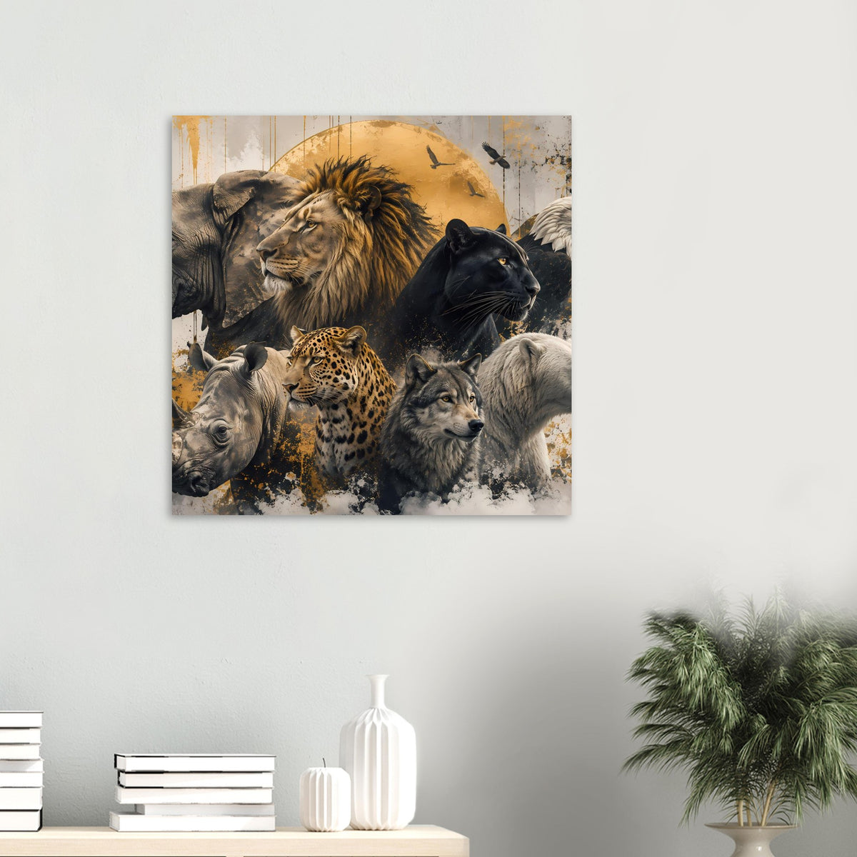 Wildtier-Poster: Löwe und Panther in Gold-Schwarz, umgeben von Raubtieren