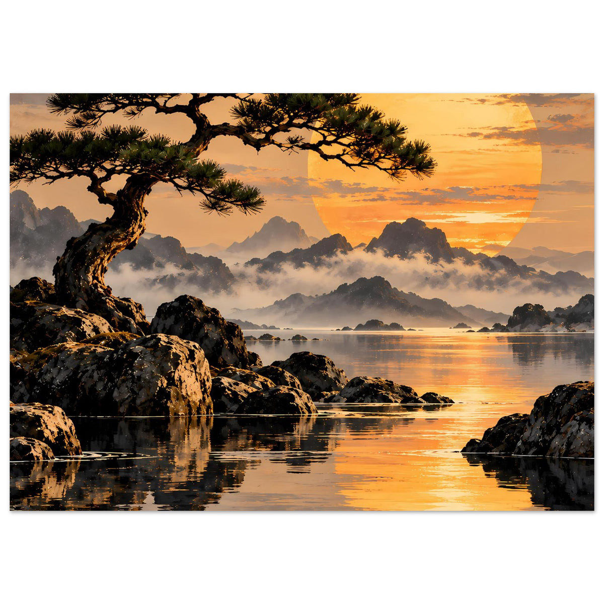 Horizontales Landschafts-Poster mit Pinienast, Felsküste, Spiegelungen im Wasser und Abendsonne