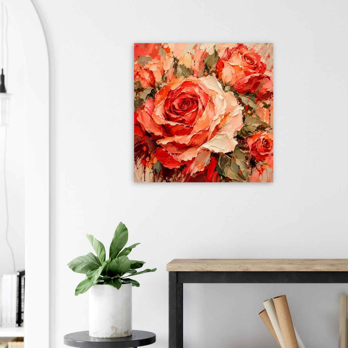 Wandposter mit Rosenbouquet in Rot- und Rosatönen, kräftige Pinselstriche und Blätter