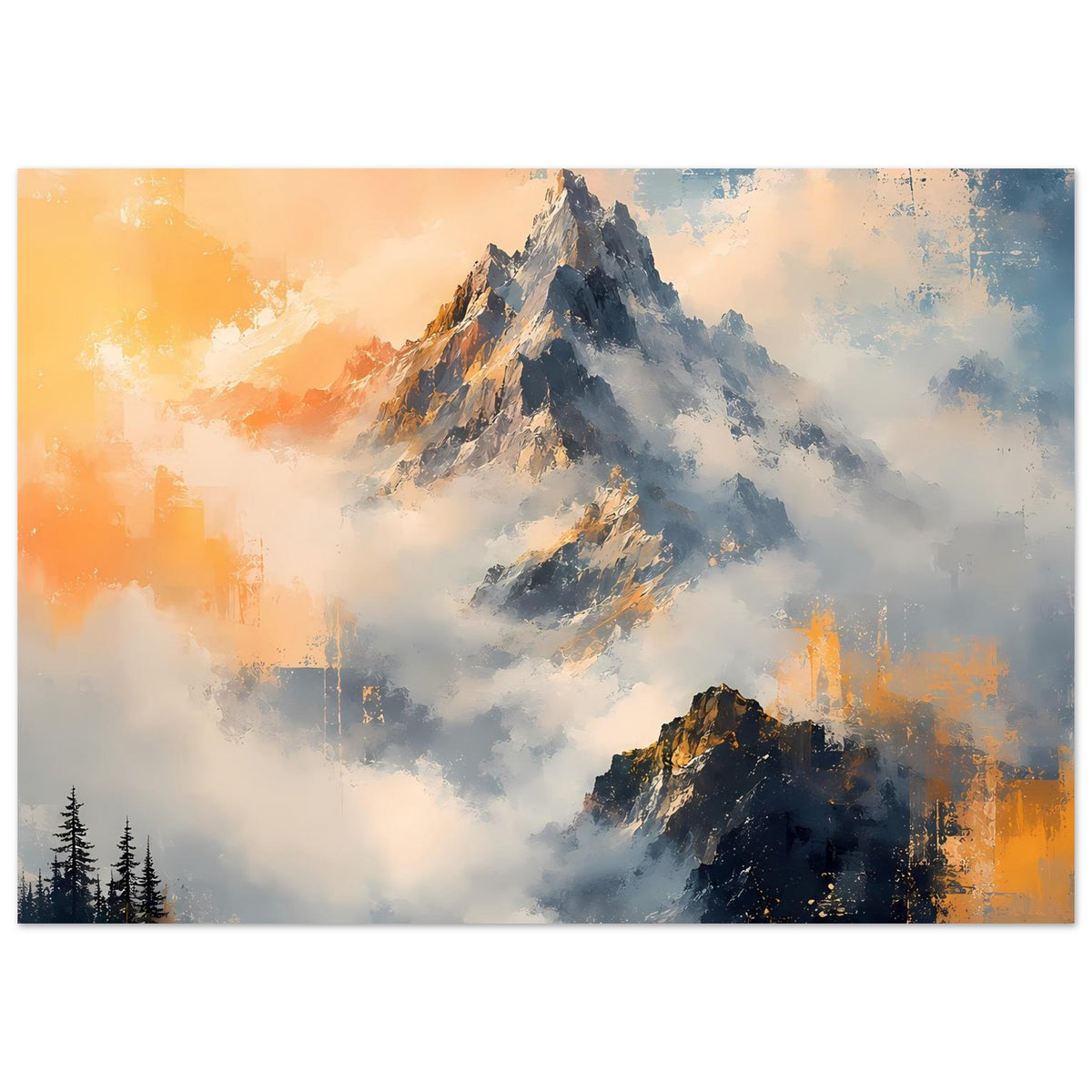 Horizontales Poster mit dramatischen Bergspitzen, warmem Orange und kühlen Blautönen, Tannen unten