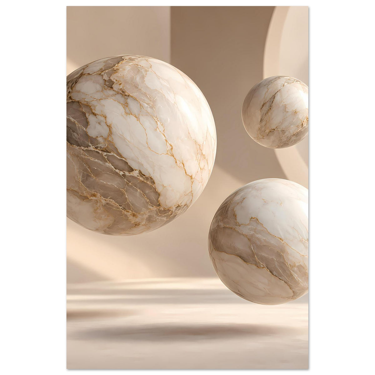 Poster im Hochformat mit drei Marmorkugeln; marmorierte Streifen in Beige, Creme und Braun