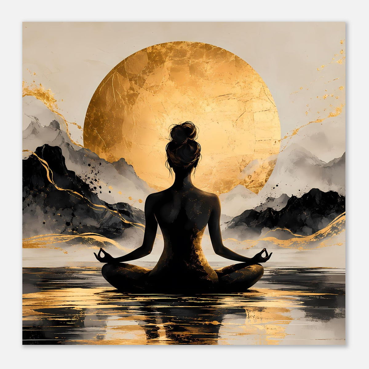 Meditatives Poster mit schwarzer Sitzsilhouette, goldenem Sonnenkreis und Berglandschaft