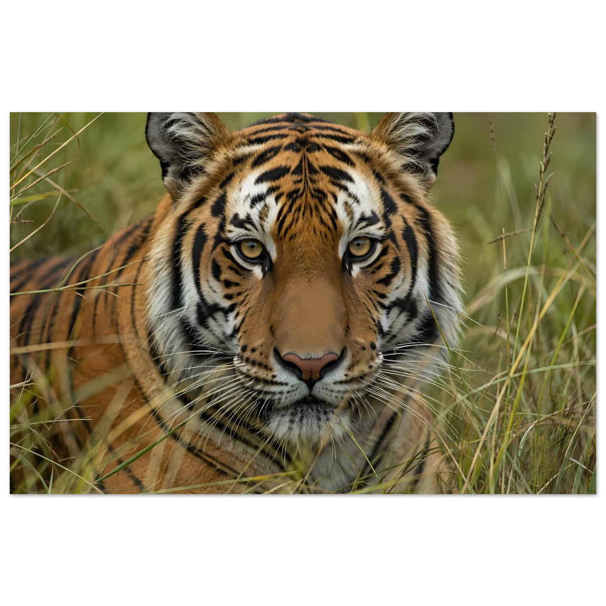 Tiger-Poster im Grünen: Kopf des Tigers, orange-braunes Fell, schwarze Streifen, Blick nach vorn