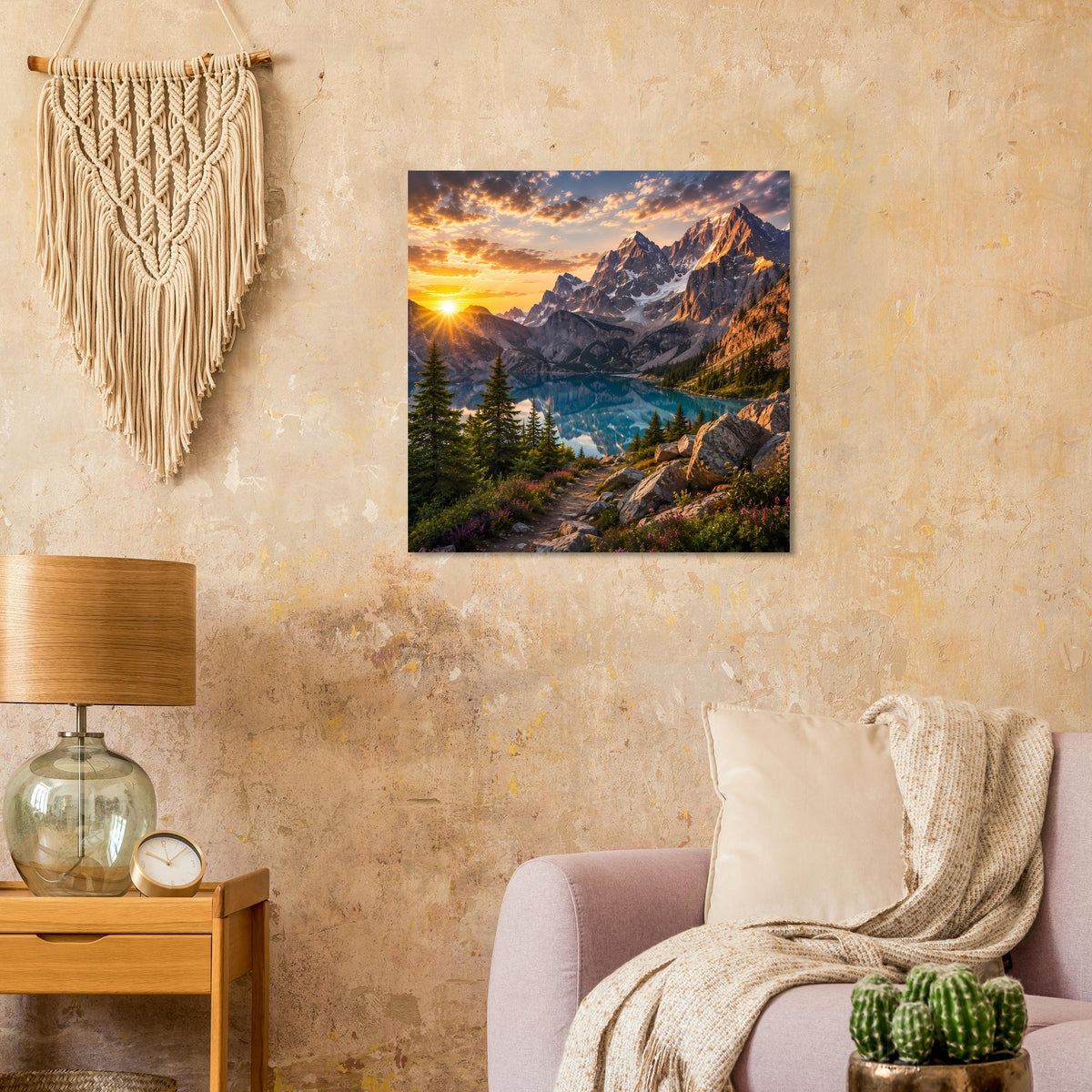 Quadratisches Poster: Alpenweg durch Wald, Berge mit Sonnenstrahlen und See