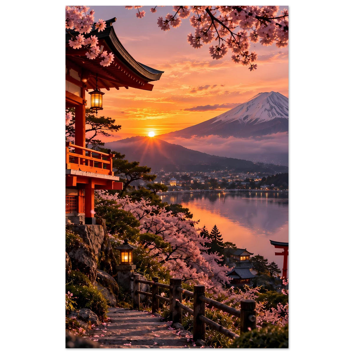 Hochformat-Poster mit Kirschblüten, Uferweg, Torii und Berg bei Sonnenuntergang
