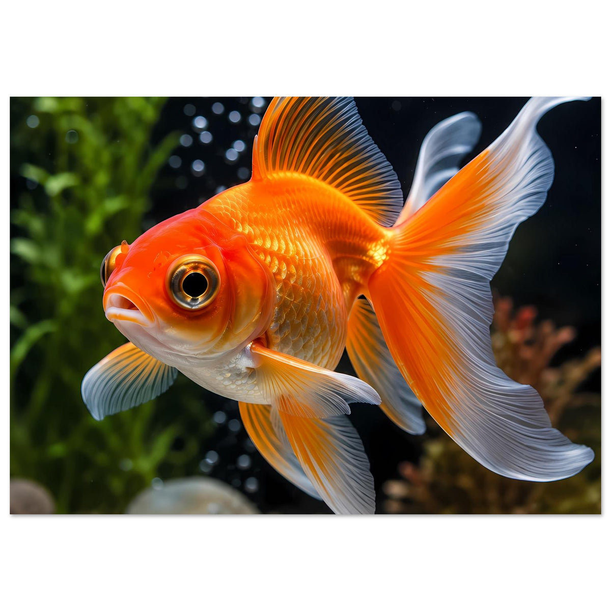 Goldfisch-Poster: orangefarbener Fisch mit goldenen Schuppen und weißen Flossen.