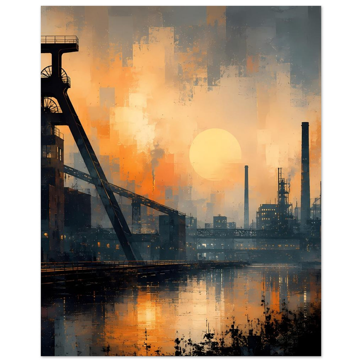 Industrielles Dämmerungs-Wandposter, Hochformat mit Skyline, Türmen und ruhiger Wasserfläche