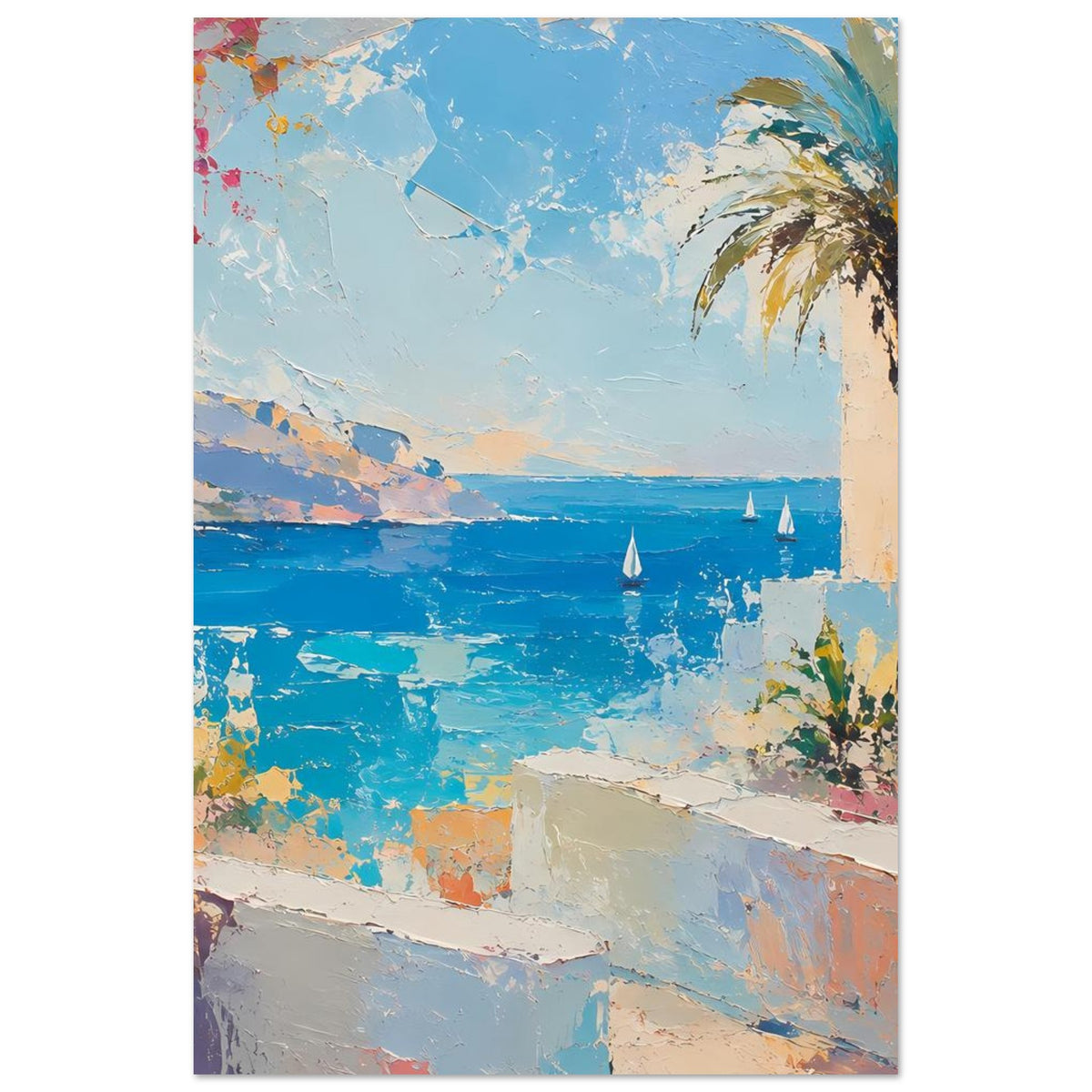 Sommerposter mit Palme rechts über dem Meer und mehreren Segelbooten, abstrakte Pinseloptik