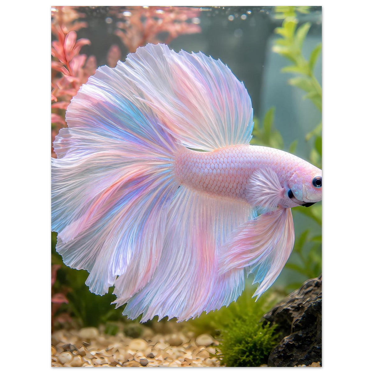 Poster mit pastellfarbenem Kampffisch (Betta), Fokus auf Kopf und Brustflossen