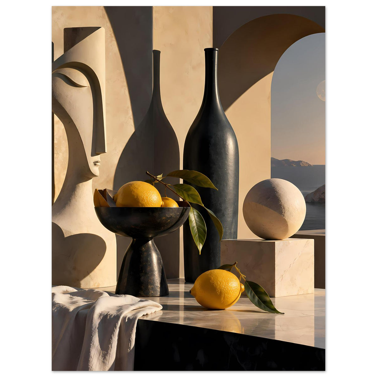 Hochformatiges Poster mit Stillleben: schwarze Vase, Zitrone, Blattwerk, Mond und Berge im Hintergrund