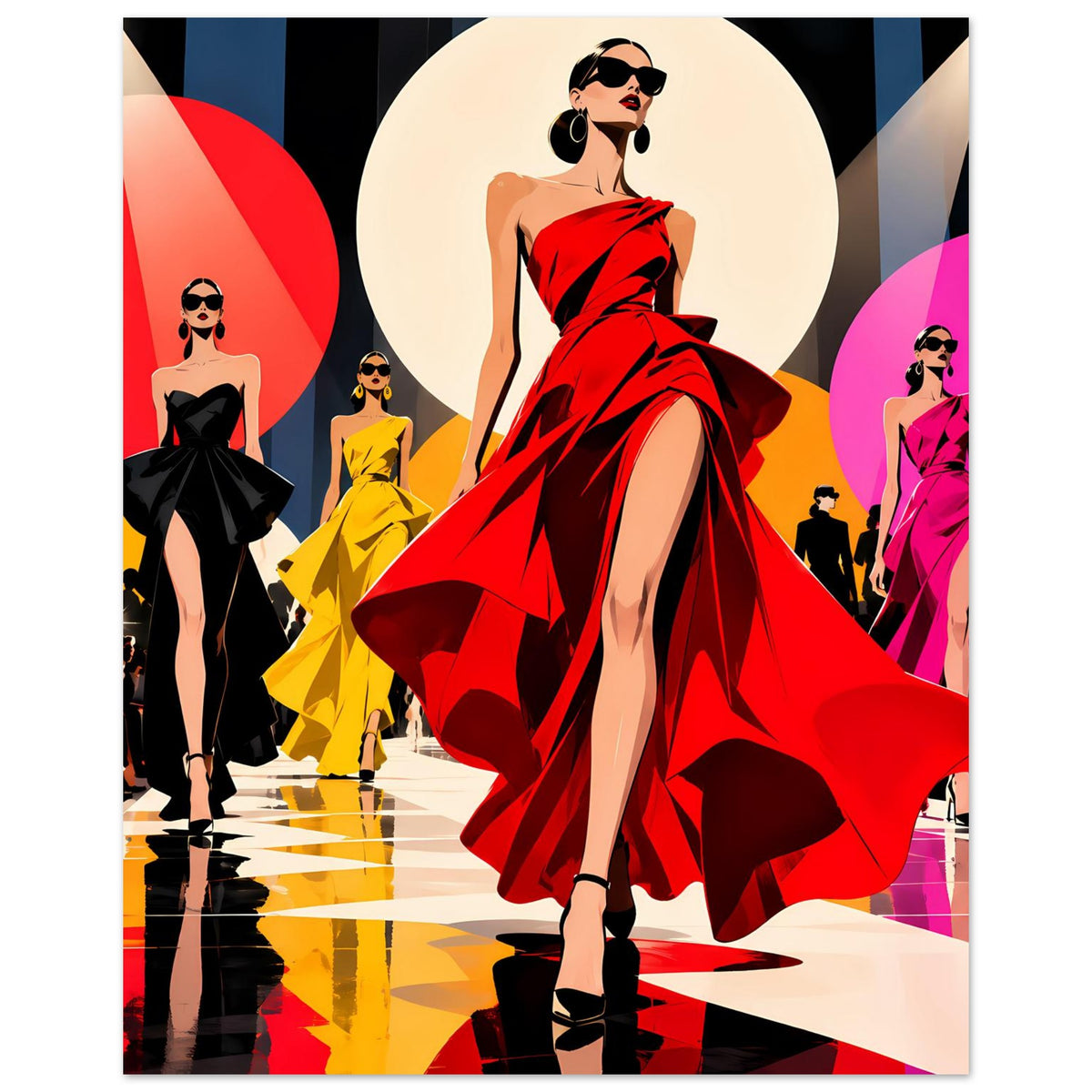 Pop-Art-Poster im Hochformat: Model im roten Abendkleid mit Schalterschleppe, gestylte Damen im Hintergrund