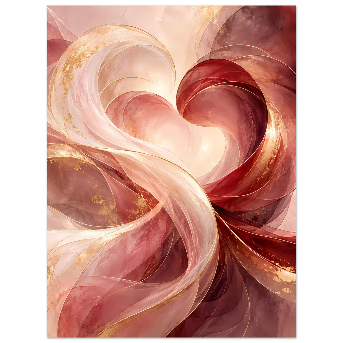Hochformatiges Poster mit abstraktem Herzmotiv in Rot, Gold und hellem Creme-Rosa