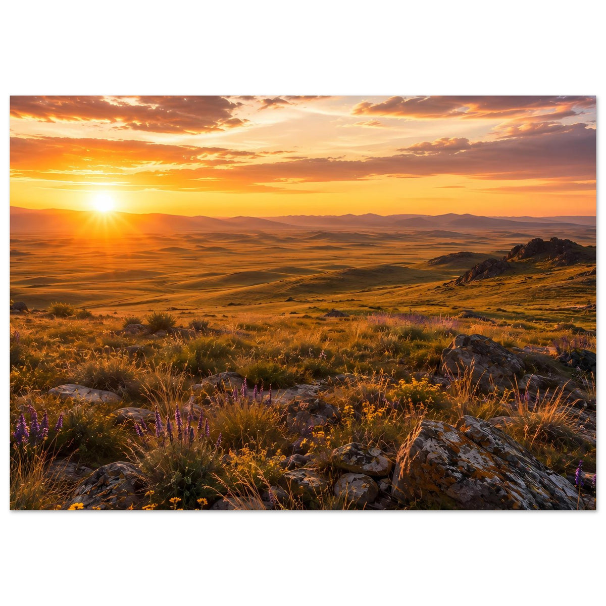 Querformat-Poster: Sonnenuntergang mit warmem Himmel, Hügeln und Graslandschaft mit Steinen