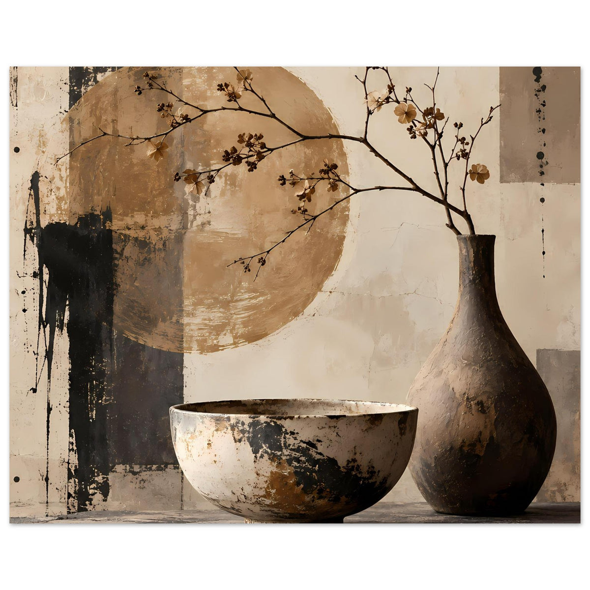 Stillleben-Poster: große Vase neben Schale, Zweige und Kreisfläche in Erdtönen