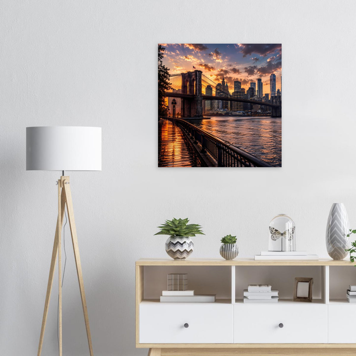 Gerahmtes Poster mit Brooklyn Bridge und Skyline bei Sonnenuntergang