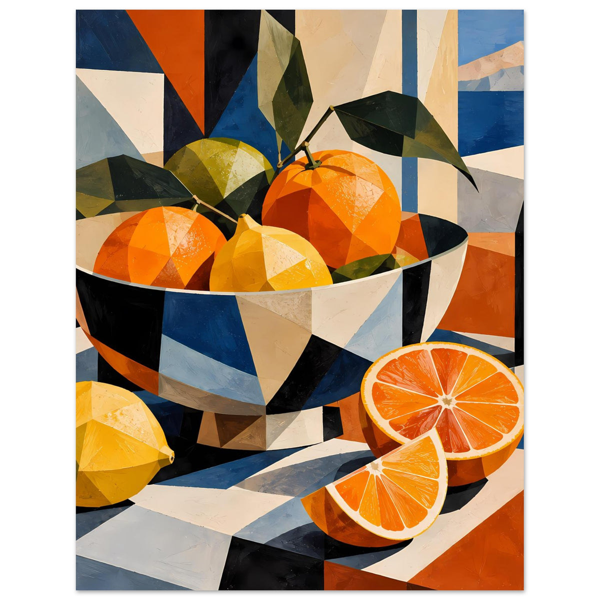 Poster mit kubistischen Orangen und Zitronen in Schale; Blattzweige oben, Obstscheiben im Vordergrund.