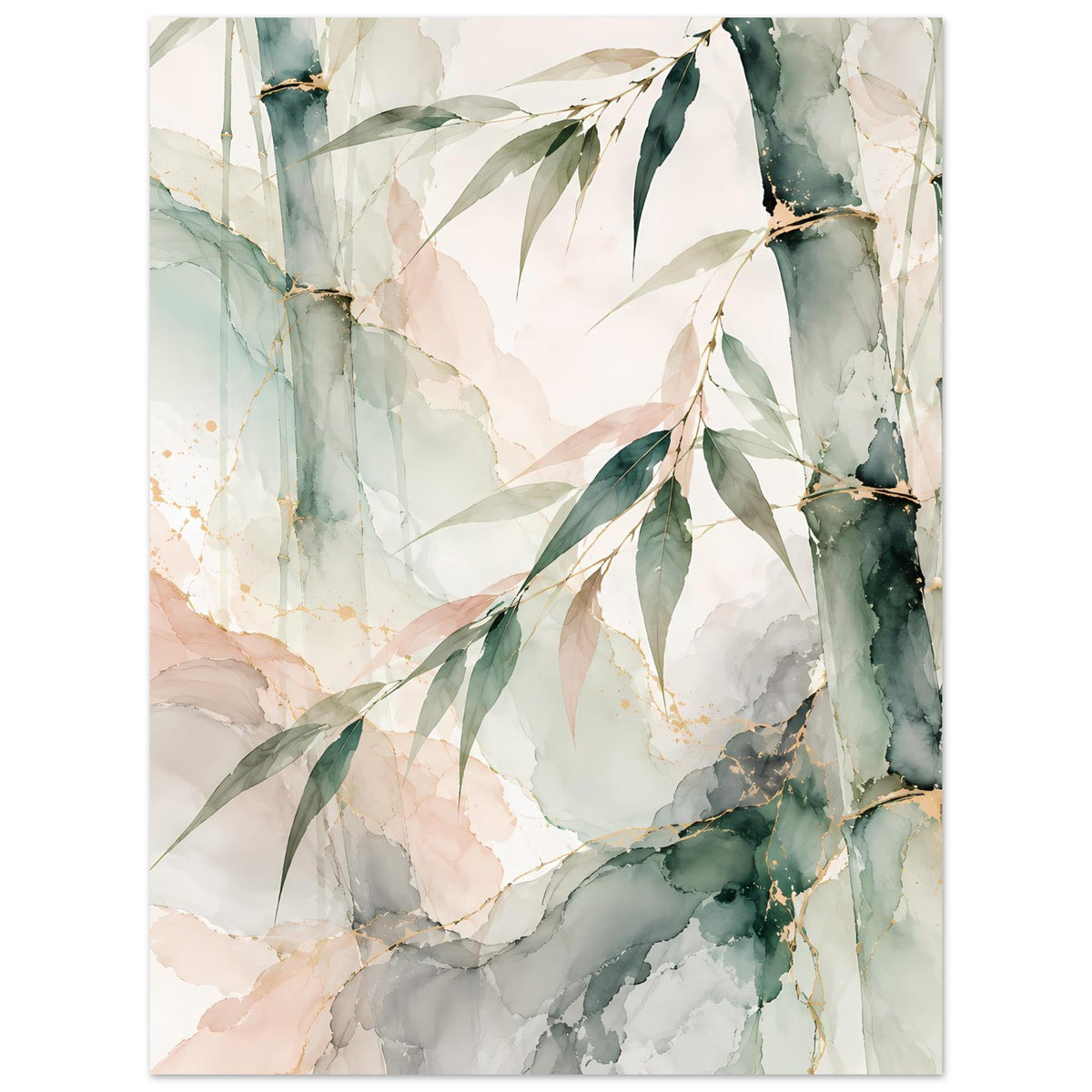 Naturposter mit Aquarell-Bambus, grünen Blattzweigen und fließenden Creme- und Grautönen