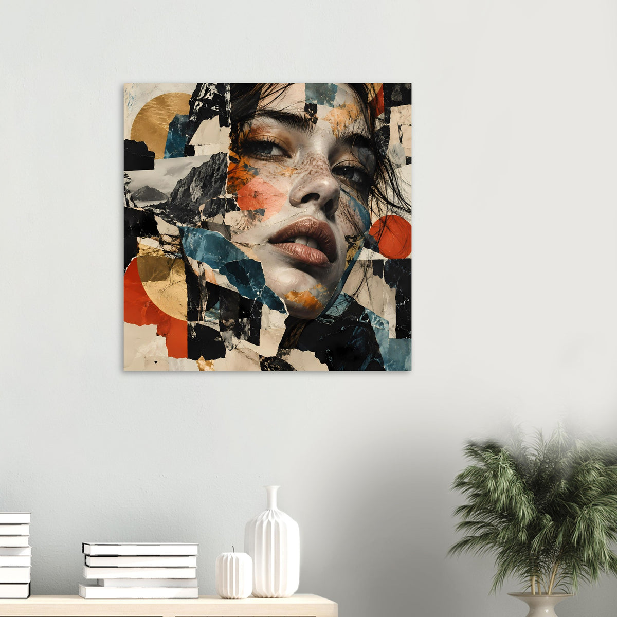 Gerahmtes Poster mit abstraktem Porträt-Collage in Terrakotta- und Blautönen