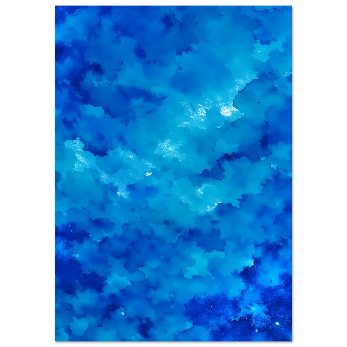 Blaues abstraktes Kunstposter mit tiefen Blautönen, Wolkenoptik und leuchtendem Fleck