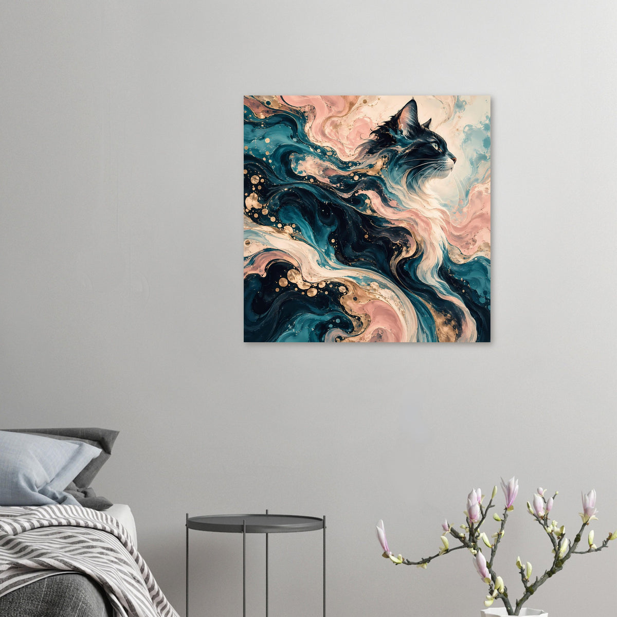 Kleines quadratisches Kunstposter mit abstrakter Katze, Blau-Türkiswirbel und rosafarbenem Hintergrund