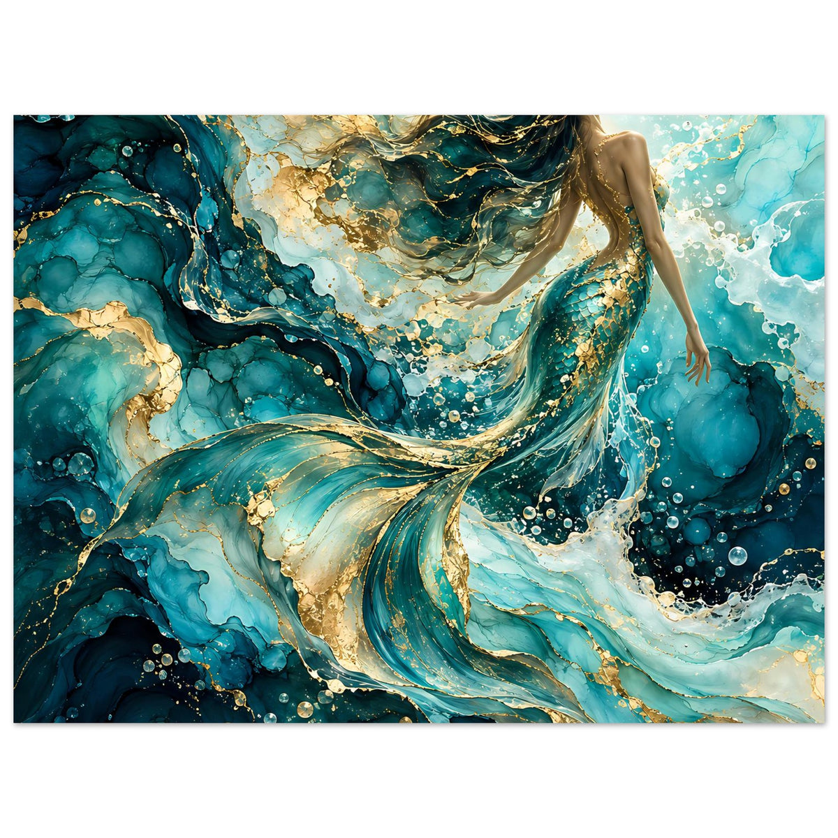 Meerjungfrau-Kunstposter, horizontal: türkisblauer Wasserschleier mit goldenen Sprenkeln