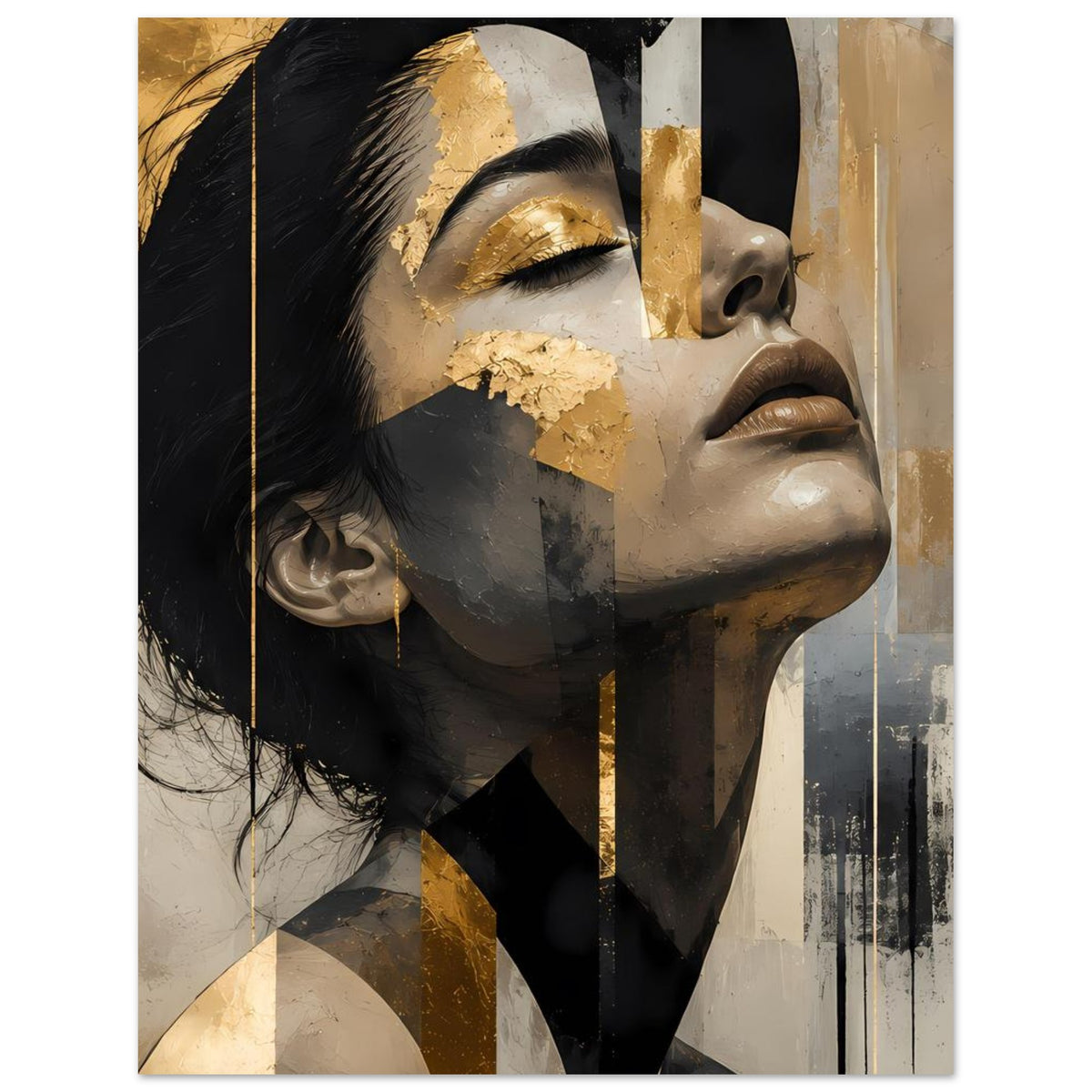 Abstraktes Frauenporträt-Poster: graue Hauttöne, dunkles Haar, goldene Akzentflächen