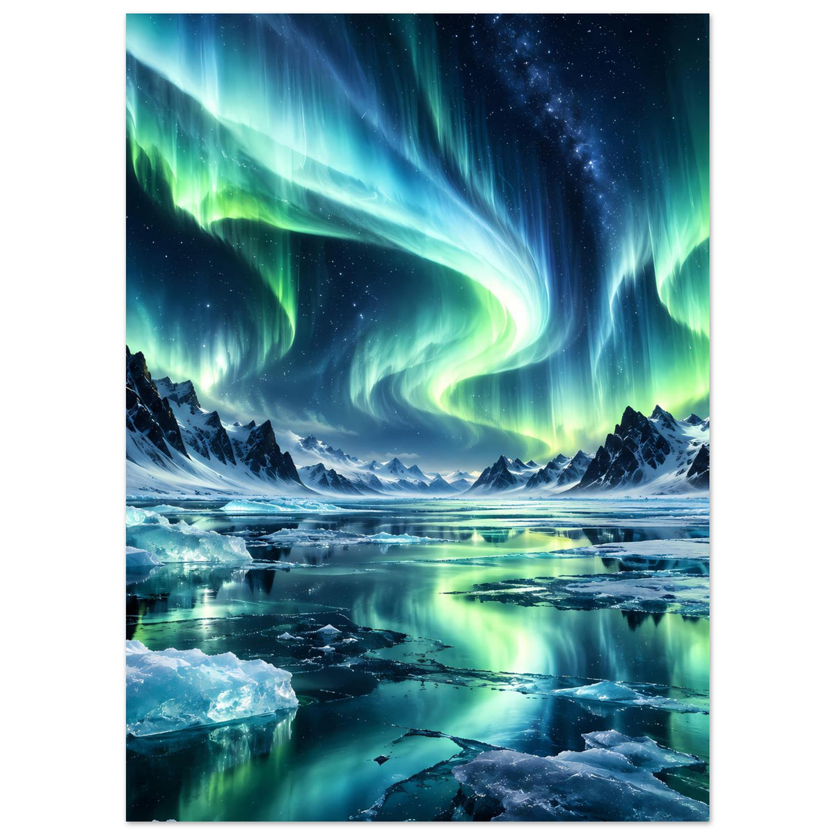Nordlicht-Poster im Hochformat mit grünen und blauen Nordlichtern über Eis und Bergen
