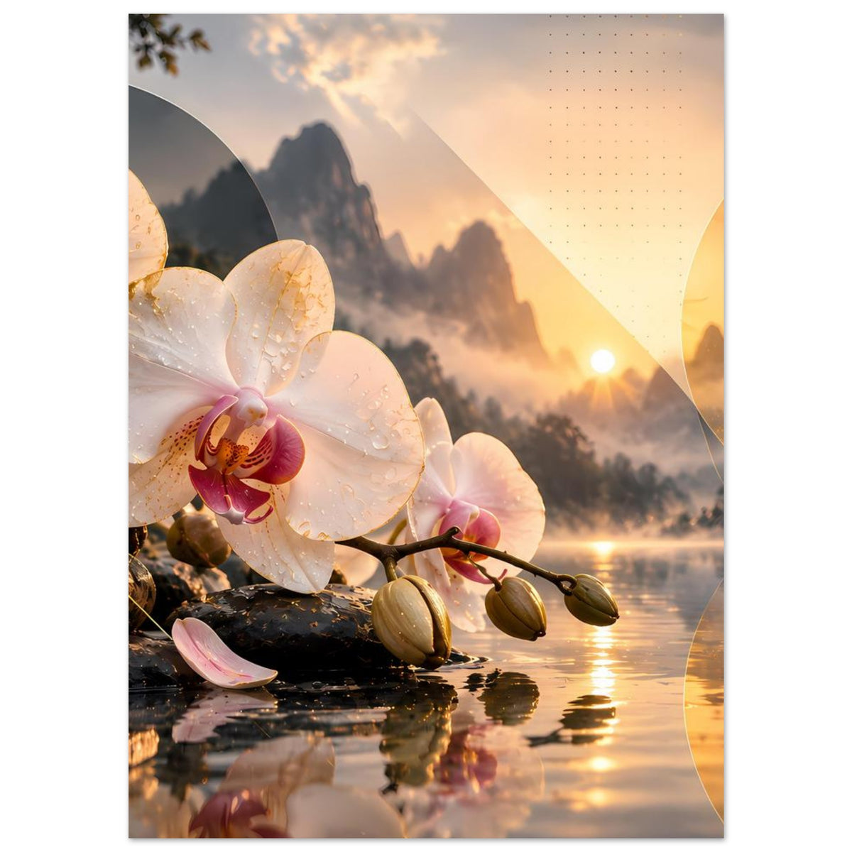 Orchideen-Wandposter mit großen weißen Orchideenblüten im Vordergrund und goldener Abendsonne