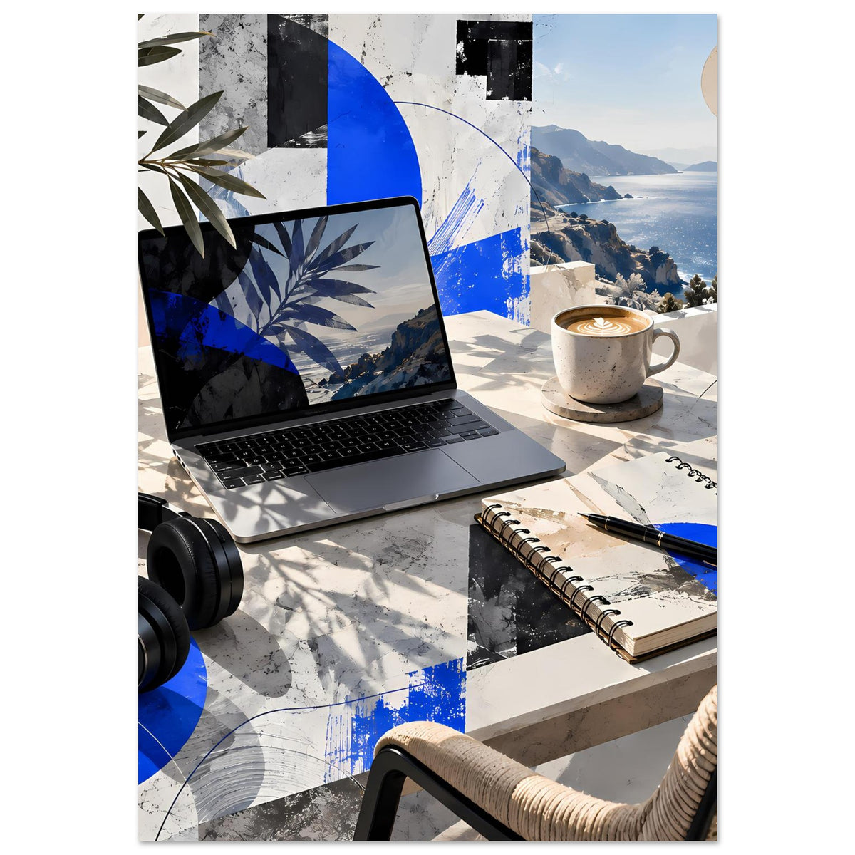Poster mit Küstenmotiv: Laptop, Kaffeetasse, Notizblock, Kopfhörer und blaue Farbflecken